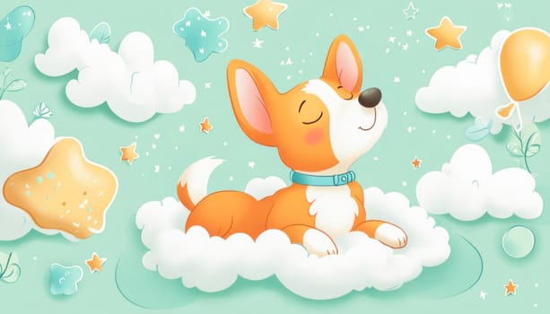 Adorable corgi puppy dog relaxing on a cloud, enjoying a dreamy moment in a whimsical sky filled with stars and balloons