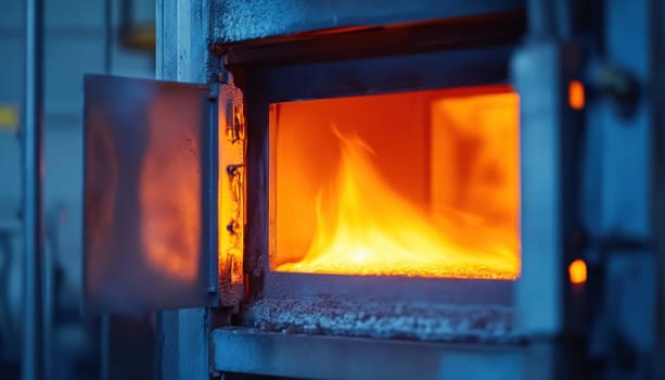 Industrial furnace burning at high temperature with open door