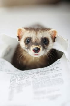 Brown ferret is peeking out of a hole in a newspaper with text