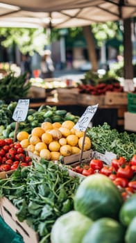 Colorful fresh organic produce is being sold at a farmers market stall