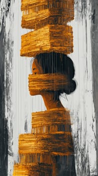 Woman is standing with golden architectural structures surrounding and encasing her head and body, creating a feeling of confinement