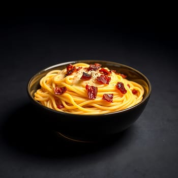 A close-up shot of a bowl of creamy carbonara pasta topped with crispy bacon and black pepper. The pasta is perfectly cooked and the sauce is rich and creamy. This image is perfect for use in cookbooks, food blogs, and restaurant menus. It can also be used to illustrate articles about Italian cuisine or pasta dishes.