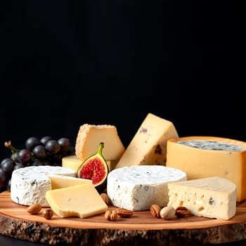 A beautifully arranged cheese board featuring a variety of cheeses, grapes, figs, and nuts. The wooden board adds a rustic touch, perfect for a gourmet appetizer or charcuterie spread. This image can be used to illustrate a variety of concepts, such as food and drink, healthy eating, and entertaining. The vibrant colors and high-quality detail make this image ideal for food blogs, cookbooks, and advertising.