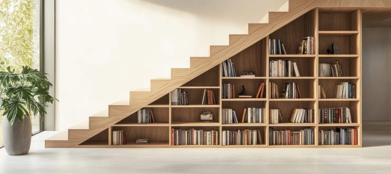 Sunlight streaming through a large window illuminating a modern minimalist home interior with bookshelves under the staircase