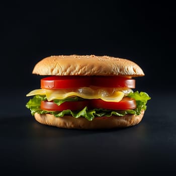 A mouthwatering cheeseburger with fresh tomato and lettuce, ready to be devoured. Perfect for advertising, food blogs, or any project that needs a delicious and inviting image. The isolated black background makes it easy to use in any design. The burger is perfectly composed and shows off the juicy ingredients and the golden-brown bun. This image is sure to make anyone hungry!,