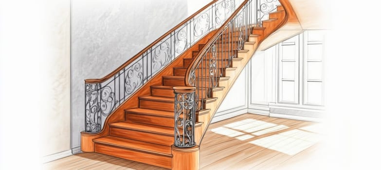 Classic wooden staircase with wrought iron railing connecting two floors in a luxurious house