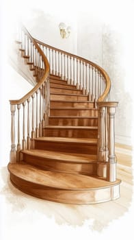 Elegant wooden spiral staircase is illuminated by a wall sconce in a luxurious home