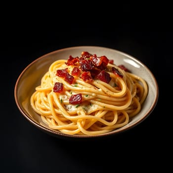 Close-up of a delicious plate of spaghetti carbonara with pancetta. The pasta is perfectly cooked and tossed in a creamy sauce, topped with crispy pancetta. The dish is presented on a rustic plate against a black background, making it ideal for showcasing the food's richness and texture. This image is perfect for use in restaurant menus, food blogs, or any project that needs a mouthwatering representation of Italian cuisine.,