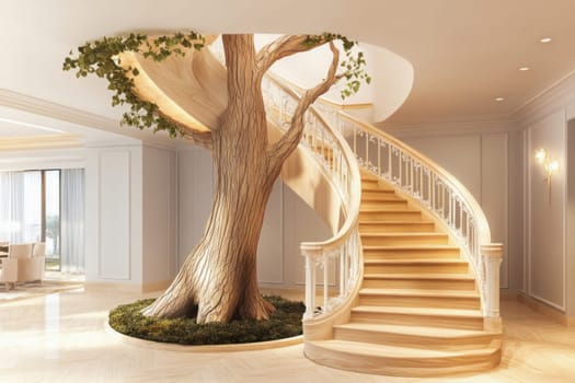 Elegant wooden spiral staircase winding around a large tree trunk in a luxurious home interior