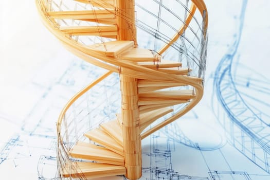 Modern spiral staircase design project standing on house plan blueprints