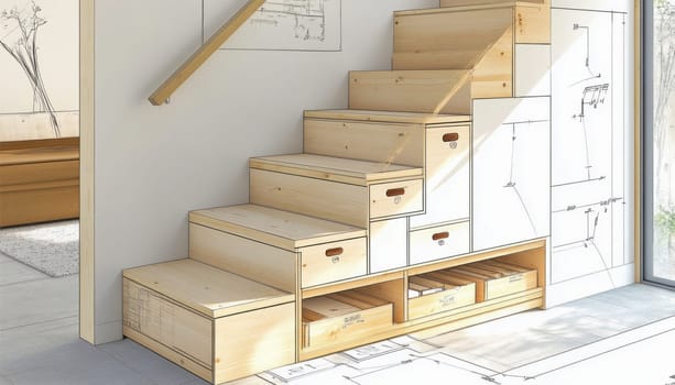 Modern space saving staircase design is being designed with integrated drawers for optimized storage space