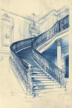 Elegant curving staircase with ornate iron railings is depicted ascending to the second floor in this illustration of a grand foyer