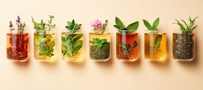 Seven glasses with various kinds of fresh tea and herbs are standing on a beige background