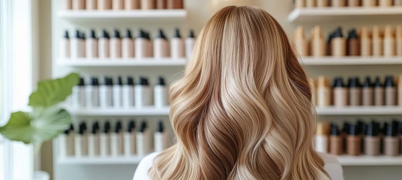 Blonde woman with long healthy hair is standing in a hair salon with shelves full of hair products in the background
