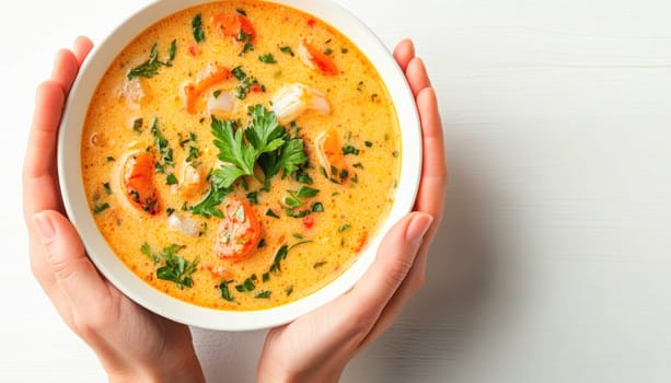 Woman is holding a bowl of creamy tomato soup with parsley garnish
