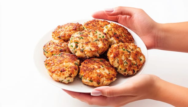 Woman holding a plate full of delicious, crispy fried crab cakes with fresh herbs