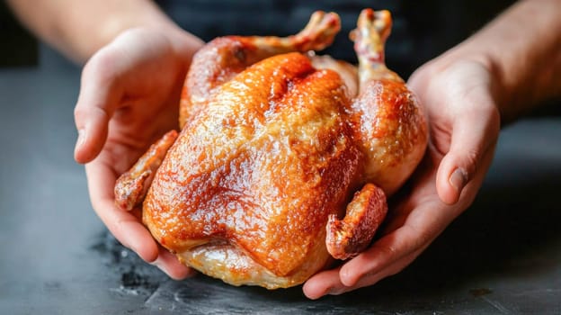 Chef presenting a perfectly cooked whole roasted chicken in their hands