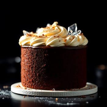Close-up of a delicious chocolate cake topped with whipped cream, sprinkles, and a few ice crystals. The cake is set on a white plate against a black background, highlighting its rich colors and textures. This image is perfect for advertising, food blogs, and articles related to baking, desserts, and celebrations.,