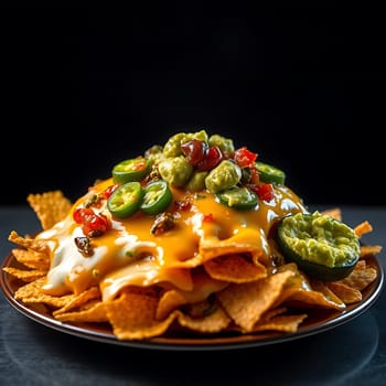 A close-up shot of a plate of nachos topped with melted cheese, guacamole, diced tomatoes, and sliced jalapeno peppers. The nachos are arranged in a heaping pile, and the melted cheese is dripping down the sides. The image is perfect for advertising, menus, or food blogs, and can be used to promote a variety of dishes, including Mexican food, appetizers, and snacks. The high-quality, vibrant colors make this image particularly appealing to viewers, and it's sure to make anyone's mouth water.