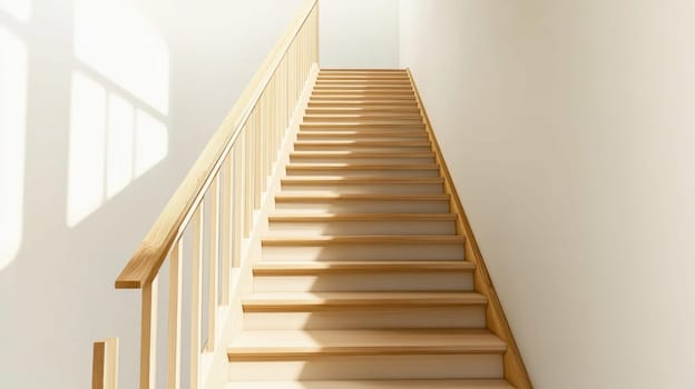 Sunlight is illuminating a modern minimalist wooden staircase in a house