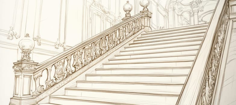 Elegant staircase with wrought iron banisters is depicted in this hand drawn illustration