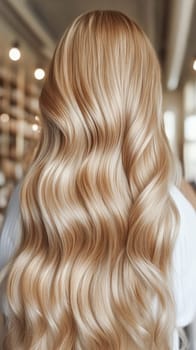 Blonde woman is showing her long and wavy hair, shining after a treatment at the hair salon