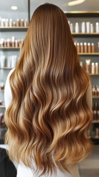 Woman is showing her long wavy brown hair after receiving hair treatment at the hair salon
