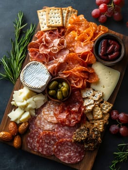 A gourmet charcuterie board with assorted meats, cheeses, crackers, and fruits, perfect for gatherings and parties.