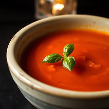 A close-up shot of a bowl of creamy tomato soup garnished with a fresh basil leaf. The soup is a vibrant red color and the basil is green and vibrant. The soup is in a white bowl and the background is blurred. This image is perfect for use in food blogs, recipe websites, and cookbooks. It is also great for use in advertising and marketing materials for restaurants and food companies.,