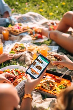 Group of friends having picnic in a park and using food delivery app on smartphone