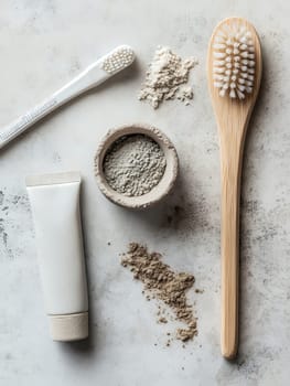 An eco-friendly dental care set with bamboo toothbrush, toothpaste, and natural powders on a light surface.