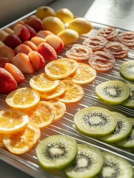 An array of sliced fruits including oranges, kiwis, and strawberries, displayed in bright sunlight.