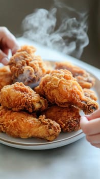 Two hands reach for a plate piled high with crispy golden brown fried chicken and wafting steam