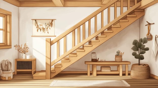 Sunlight illuminates a wooden staircase and minimalist furniture in a cozy house