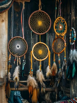 An array of colorful dreamcatchers hanging against a wooden backdrop, capturing bohemian charm and tradition.