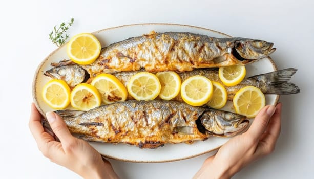 Chef is holding a plate of delicious, freshly grilled fish garnished with lemon slices and thyme