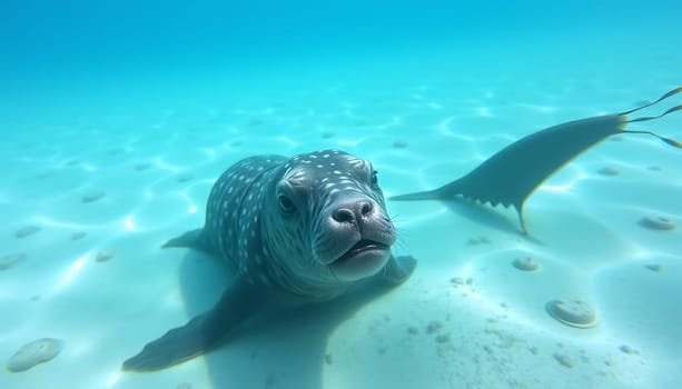 A close-up portrait of a spotted seal underwater, with a curious expression on its face. The seal is swimming in clear blue water, with sunlight shining through the surface. This image would be perfect for use in documentaries, wildlife magazines, or educational materials. It is also a great choice for branding or marketing campaigns for ocean conservation or eco-tourism. ,