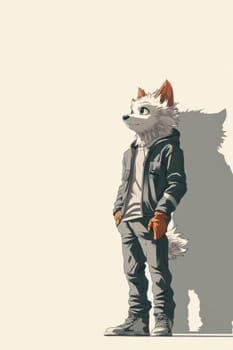 Anthropomorphic dog wearing street wear is leaning against a wall looking up with copy space