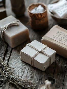 A set of eco-friendly soaps wrapped in natural packaging, presented on a rustic wooden table for a sustainable gift idea.