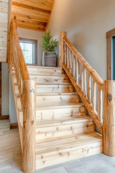 Wooden staircase with log railing leading to the second floor of a modern log cabin