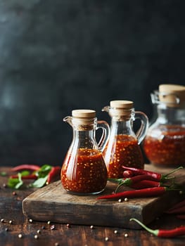 Bottles of spicy sauce with red chilies arranged on a wooden board, perfect for adding heat to any dish.