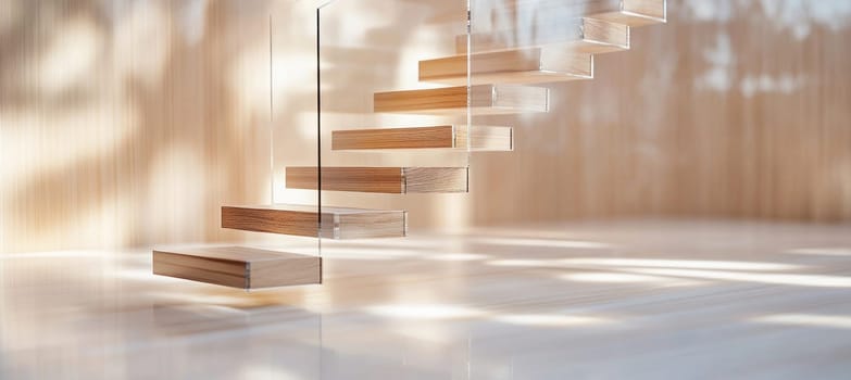 Sunlight is illuminating a modern floating staircase made of wood and glass in a minimalist house