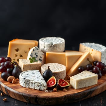 A delicious and inviting cheese board featuring a variety of cheeses, including blue cheese, brie, cheddar, and other varieties. The board is also adorned with fresh figs, grapes, and nuts, making it a perfect appetizer or snack for any occasion. The image is perfect for showcasing the versatility of cheese and the beauty of a well-crafted cheese board. It can be used in a variety of contexts, including food blogs, magazines, and websites.