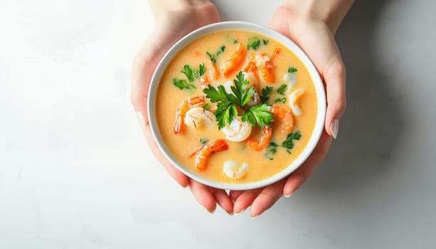 Woman holding a bowl of creamy tomato soup with shrimps and parsley on white background