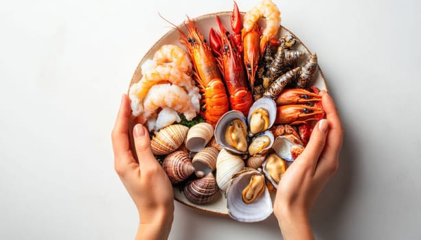 Woman holding a plate of fresh shellfish, prawns, and mussels on a white background