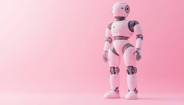 White robot is standing on a pink background with copy space