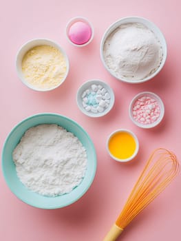 Various baking ingredients arranged on a pastel pink background, highlighting colorful and fun baking concepts.
