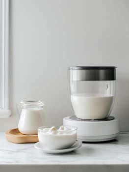 A modern yogurt maker with fresh dairy products, offering a minimalist design with copy space for text.