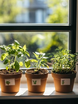 Three potted herbs bask in sunlight on a windowsill, creating a vibrant indoor garden atmosphere.