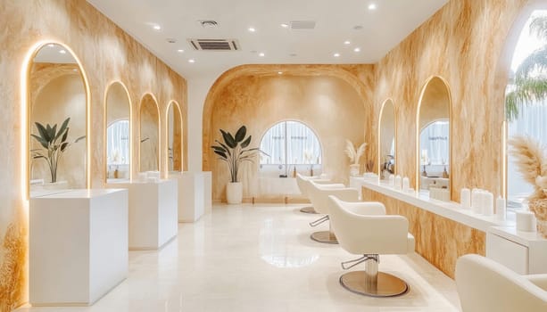 Bright and spacious hair salon interior featuring white styling chairs, arched mirrors, and gold accents